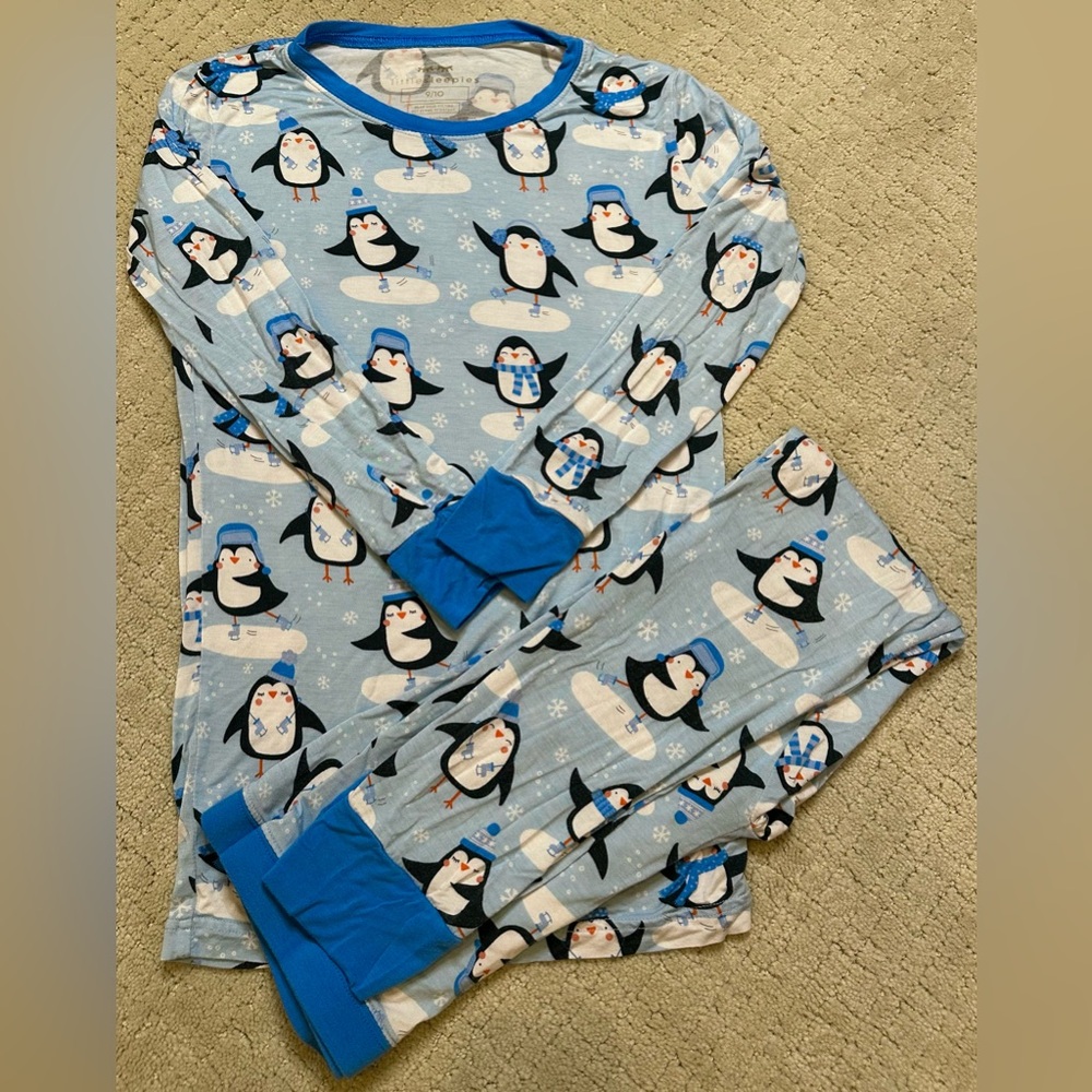 Little Sleepies Bamboo Two Piece Pajamas in Blue Cool Penguin Print, Size 9/10